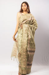 Green Color Tassar Saree With Blouse Piece.