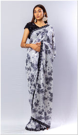 Black & White Sequence Saree with Blouse Piece.