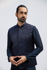 NAVY BLUE ASYMMETRICAL KURTA SET WITH NAVY BLUE EMBELLISHED BUNDI sasyafashion
