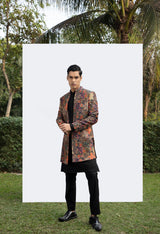 BLACK PINTUCK KURTA WITH PRINTED OPEN JACKET sasyafashion