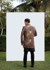 BLACK PINTUCK KURTA WITH PRINTED OPEN JACKET sasyafashion