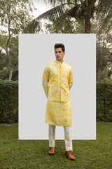 YELLOW PRINT MIRROR KURTA SET WITH YELLOW PRINTED BUNDI sasyafashion