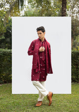 MAROON FRONT-OPEN MOTIF KURTA SET WITH DUPATTA sasyafashion