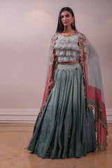 Designer Ruffle Cape Emellished Blue Lehenga sasyafashion