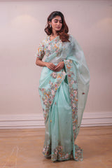 Designer Sea Green Organza Saree sasyafashion