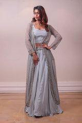 Designer Fusion Greyish Blue Silk lehenga With Net Jacket sasyafashion