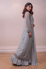 Designer Fusion Greyish Blue Silk lehenga With Net Jacket sasyafashion