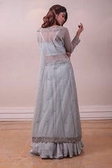 Designer Fusion Greyish Blue Silk lehenga With Net Jacket sasyafashion