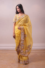 Designer Mustard Yellow Organza Embedded Saree sasyafashion