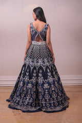 Designer Purssian Blue Raw Silk Embedded Gown sasyafashion