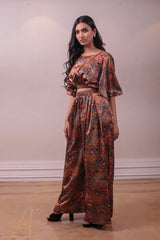 Designer Brown Satin Printed Floral Palazzo crop top Set sasyafashion