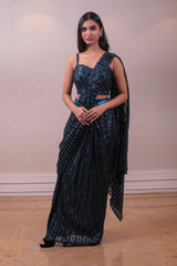 Designer Blackish Blue Net Embodied Saree sasyafashion