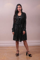 Designer black sequin short jacket set with satin tunic sasyafashion
