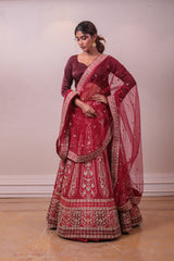 Designer Red Raw Silk Net Embedded Lehenga sasyafashion