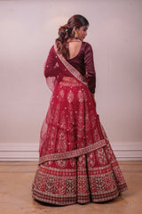 Designer Red Raw Silk Net Embedded Lehenga sasyafashion