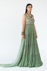 Mesh Tiered Gown in Green colour sasyafashion