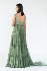 Mesh Tiered Gown in Green colour sasyafashion