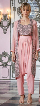 Designer pink color Hand Embroidered pant Jacket set