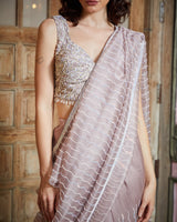 Designer purplish white color Hand Embroidered saree blouse set