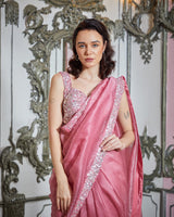 Designer pink color Hand Embroidered saree blouse set
