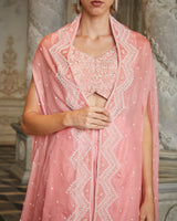 Designer pink color Hand Embroidered drape skirt Jacket set