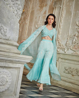Designer sky blue color Hand Embroidered Sharara Jacket Set
