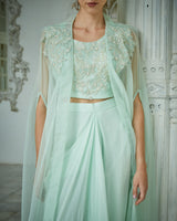 Designer baby blue colour Hand Embroidered drape skirt Jacket set sasyafashion