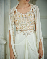 Designer white color Hand Embroidered drape skirt Jacket set