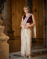 Designer Beige color Hand Embroidered saree