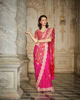 Designer red and Pink color Hand Embroidered saree
