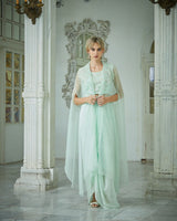 Designer baby blue colour Hand Embroidered drape skirt Jacket set sasyafashion