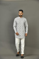 Designer Grey Cotton Blend Short Kurta