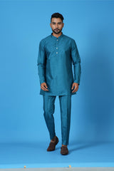 Designer Blue Silk Short Kurta With Pant