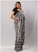 Black & White Striped Sequence Saree With Blouse Piece.