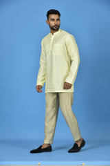 Designer Yellow Silk Short Kurta With Pant
