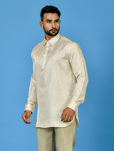 Designer Cream Silk Short Kurta With Pant