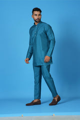 Designer Blue Silk Short Kurta With Pant