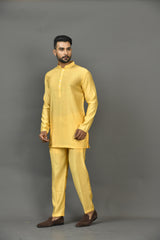Designer Yellow Cotton Blend Short Kurta With Pant