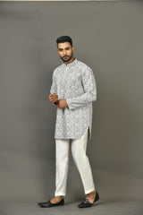 Designer Grey Cotton Blend Short Kurta