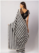 Black & White Striped Sequence Saree With Blouse Piece.