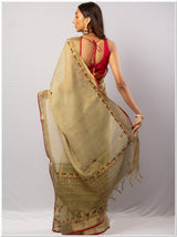 Green Color Tassar Saree With  Blouse Piece.