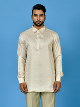 Designer Cream Silk Short Kurta With Pant