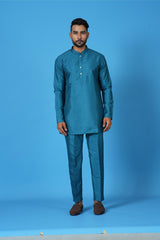 Designer Blue Silk Short Kurta With Pant