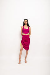 Wine Halter Neck Skirt Set