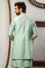 Green Color & Handembiobered  Kurta Jacket Set.