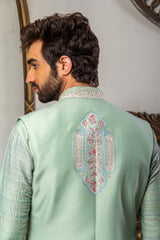 Green Color & Handembiobered  Kurta Jacket Set.