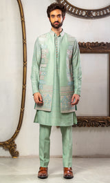 Green Color & Handembiobered  Kurta Jacket Set.