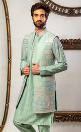 Green Color & Handembiobered  Kurta Jacket Set.