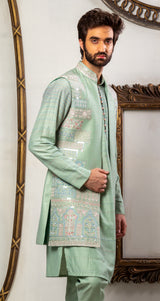 Green Color & Handembiobered  Kurta Jacket Set.