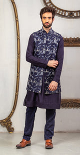Blue  & Purple Color Hand Emboidered & Handwork Kurta, Jacket ,Pant Set